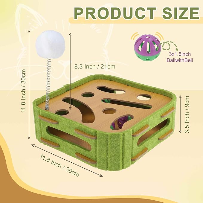 GLIDESMOOTH Interactive Cat Toy Puzzle Toys for Indoor, Felt Maze Box, Cat Toys, Mental Stimulation and Entertainment, Square, Green, 1 Set