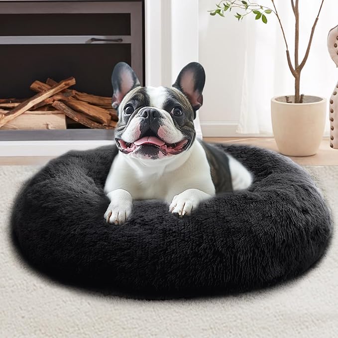 JOLLYVOGUE Small Dog & Cat Beds for Indoor Cats, Donut Cuddler Warming Soft Dog Beds with Anti-Slip Bottom, Round Calming Fluffy Plush Faux Fur Cushion Bed for Medium Dogs (31", Black)
