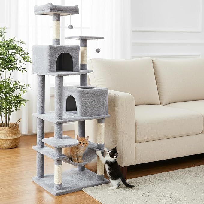 Tangkula Cat Tree for Indoor Cats, 75 Inch Extra Tall Cat Tower with Sisal Scratching Post, Padded Top Perch, Dual Condos, Hammock, 2 Dangling Balls, Platforms, Multi-Level Cat Climbing Furniture