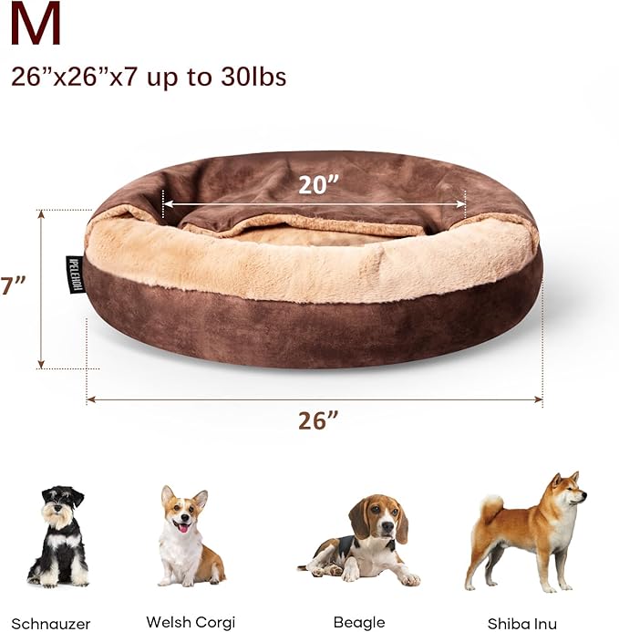 Cozy Soft Dog Bed with Hooded Blanket Warm Calming Cat Cave for Small Medium Dogs and Cats, Non-Slip Bottom & Machine Washable Pet Beds, Chocolate Brown 26x26x7″