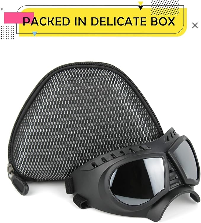 PETLESO Dog Goggles for Small to Medium Breeds, Small Dog Sunglasses UV Protection Windproof Snowproof, Outdoor Driving/Riding/Hiking Eyes Wear, Soft Frame Adjustable Straps, Silver Lens