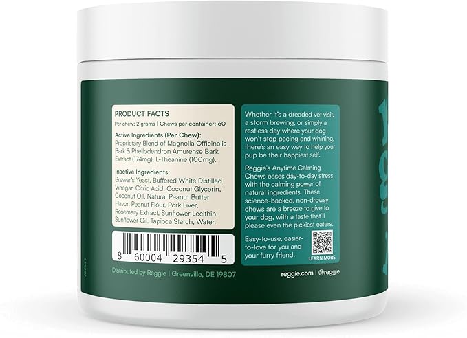 Reggie Anytime Calming Chews for Dogs | Natural Anxiety Relief with L-Theanine & Magnolia Barks | Calming Dog Treats for Separation Anxiety, Thunderstorms, Travel & Stress | 60 Soft Chews