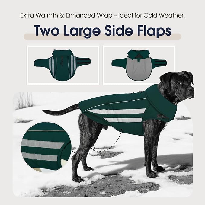 IECOii 5XL Waterproof Dog Jacket - Thermal Fleece Lining Vest Reflective Dogs Cold Weather Coats, Adjustable Great Dane Winter Coat for Giant Pets Camping, Hiking, Green, Sizes XXXXXL