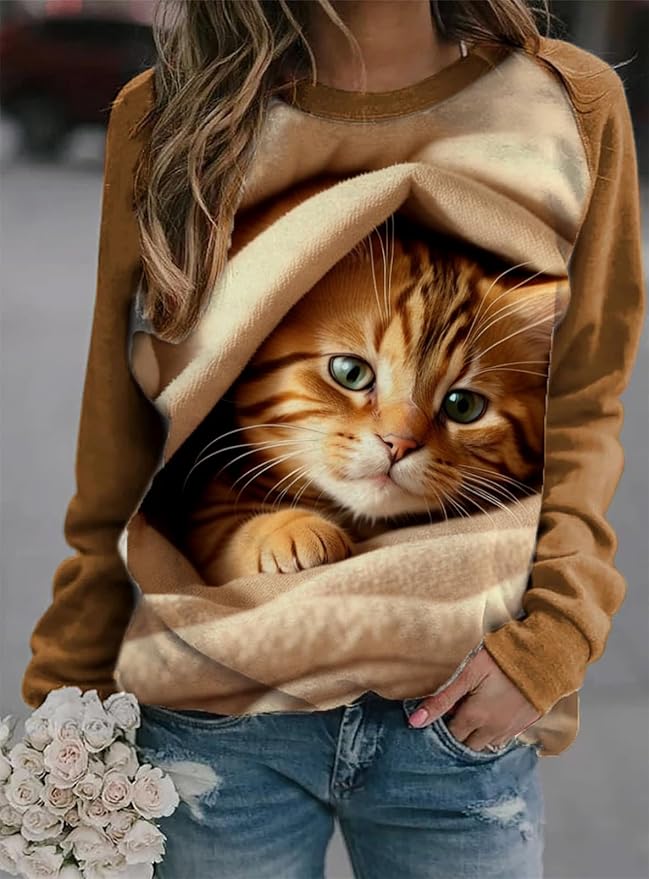 IVERIRMIN Womens 3D Cat Crewneck Sweatshirts Casual Cute Long Sleeve Shirts Pullover Tops Graphic Loose Fit Sweater for Women