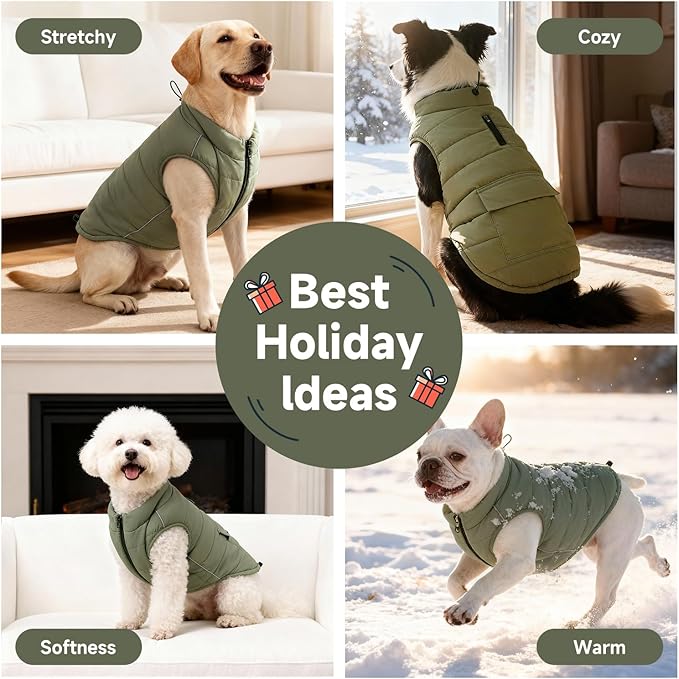 Dog Winter Coat - Waterproof Cold Weather Coat with Thick Padding, Windproof Dog's Snow Jacket with Neck & Tail Drawstrings, Reflective Puppy Jacket - Dog Coats, Olive Green M