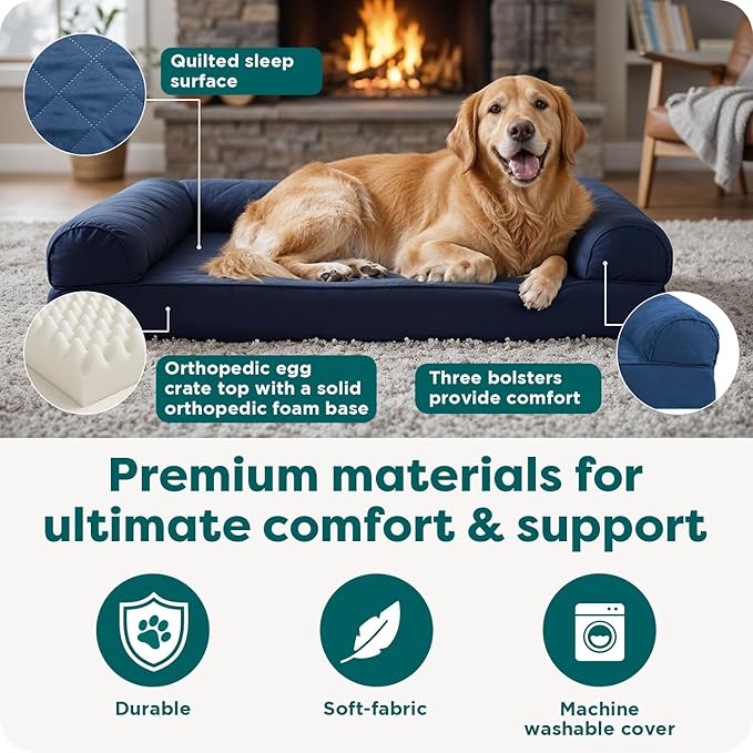 FurHaven Classic Sofa Orthopedic Dog Bed for Large Dogs with Orthopedic Egg Crate Memory Foam for Joint Support, Removable Washable Cover, Large, Quilted Sofa, Navy (Blue)