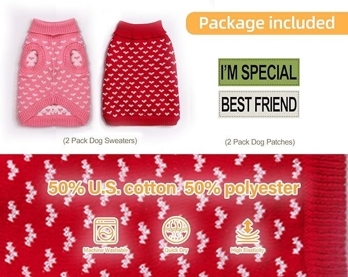 2 Pack Dog Sweater Winter Warm Clothes - Heart Soft Puppy Medium Thickening Turtleneck Sweatshirt for Chihuahua, Bulldog, Dachshund, Pug, Yorkie (M, Pink, Red)