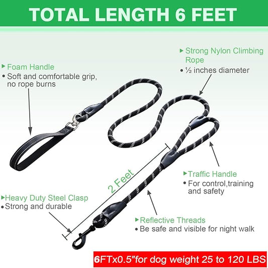 Dog Leash, 6 Foot Dog Leash, 2 Extra Padded Handles, Lockable Metal Carabiner Clip, Reflective No Pull Heavy Duty Rope Lead, Walking, Training, Running, Medium to Large Breeds（Black）