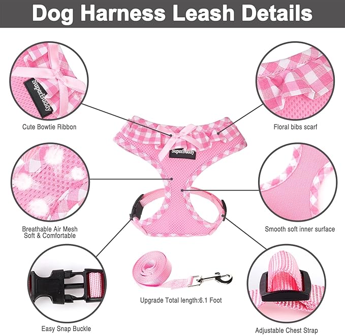SuperBuddy Upgraded Soft Mesh Dog Harness, Super Breathable Lightweight Pet Harnesses for Puppy Dogs Outdoor Walking, Pink Dog Harness and Dog Leash Set Packing -Small