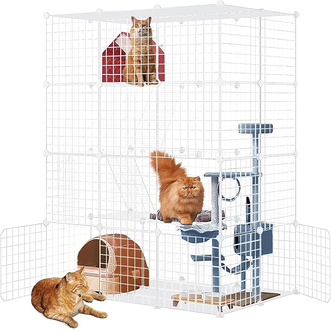Large Cat Cage Enclosure Indoor DIY Cat Playpen Pet Home Small Animal House Detachable Metal Wire Kennels Crate Large Exercise Place Ideal for 1-3 Cat (White, 41.3" Lx28 Wx55 H, 1)