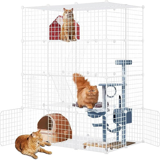 Large Cat Cage Enclosure Indoor DIY Cat Playpen Pet Home Small Animal House Detachable Metal Wire Kennels Crate Large Exercise Place Ideal for 1-3 Cat (White, 41.3" Lx28 Wx55 H, 1)