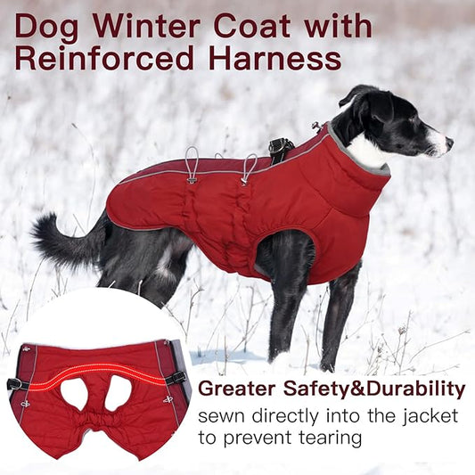 Medium Dog Coat - Warm Zip Up Snowsuit Dog Harness Vest, Reflective Water-Resistant Dog Jacket for Medium Dogs - Red