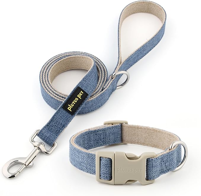 Plutus Pet Cotton Hemp Dog Collar and Leash Set, Adjustable Collar for Small, Medium, and Large Dogs, Heavy Duty and Soft on Skin, Haze Blue, L