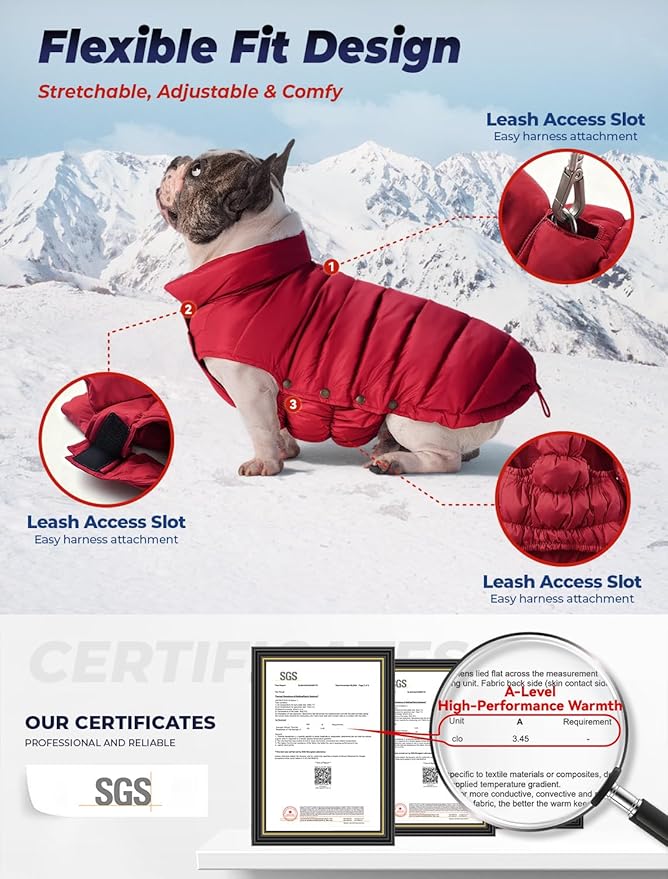 SPACE LION Dog Puffer Jacket, Down Winter Coat, Durable Outdoor Coat for Cold and Windy Conditions, Lightweight & Adjustable Fit Coats for Small Dogs, (Red, Size10/S)
