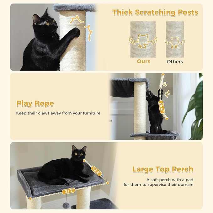 67" Heavy Duty Cat Tree for Indoor Cats Large Adult, XXL Cat Tower with 13 Thick Scratching Posts (φ4.3), Large Perch, Spacious Condo & Big Hammock - for Maine Coon up to 20 lbs, Grey
