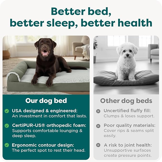 FurHaven Orthopedic Dog Bed for X-Large Dogs, L-Shaped Chaise Contour Mattress with Egg Crate Orthopedic Memory Foam for Joint Support, Removable Washable Cover, Jumbo/XL, Faux Fur & Suede, Dark Sage