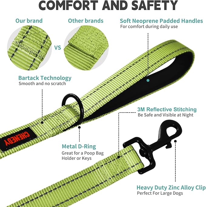 Heavy Duty Double Handle Reflective Leash for Large Breed Dogs - Perfect for Medium to Large Dogs (5FT, Light Green)