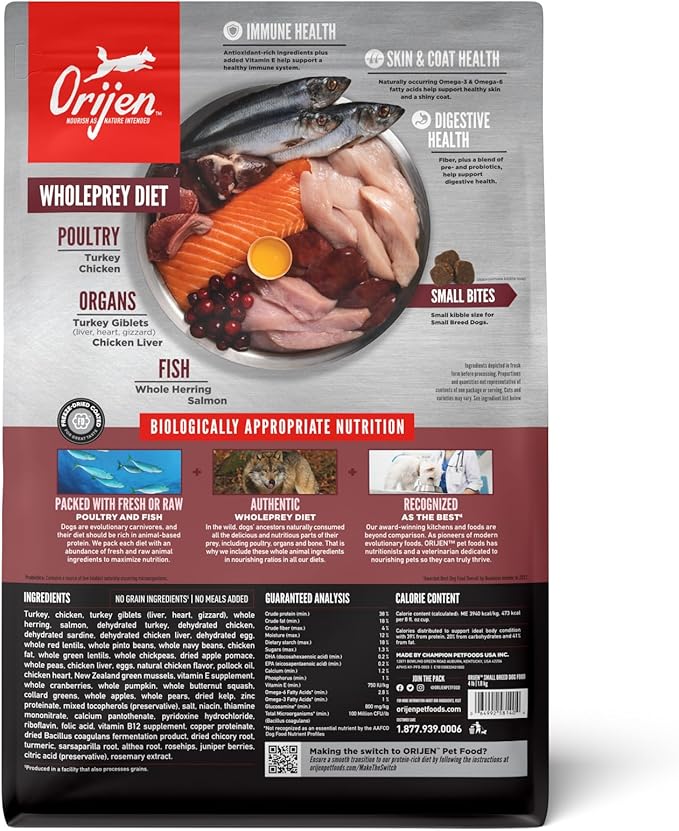 ORIJEN Grain Free High Protein Dry Dog Food Small Breed Recipe 4lb Bag