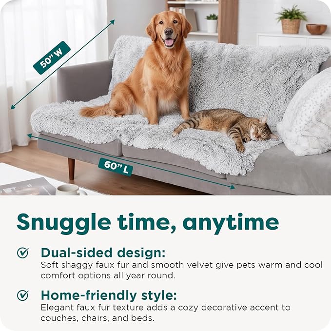 FurHaven Waterproof Throw Blanket For Dogs & Indoor Cats, Reversible Protective Pet Blanket, Extra Large, Long Faux Fur & Velvet, Mist Gray