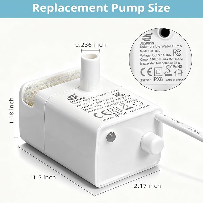 JY-830 Universal Submersible Water Pump for Pet Fountains (Auto Power-Off When Waterless)