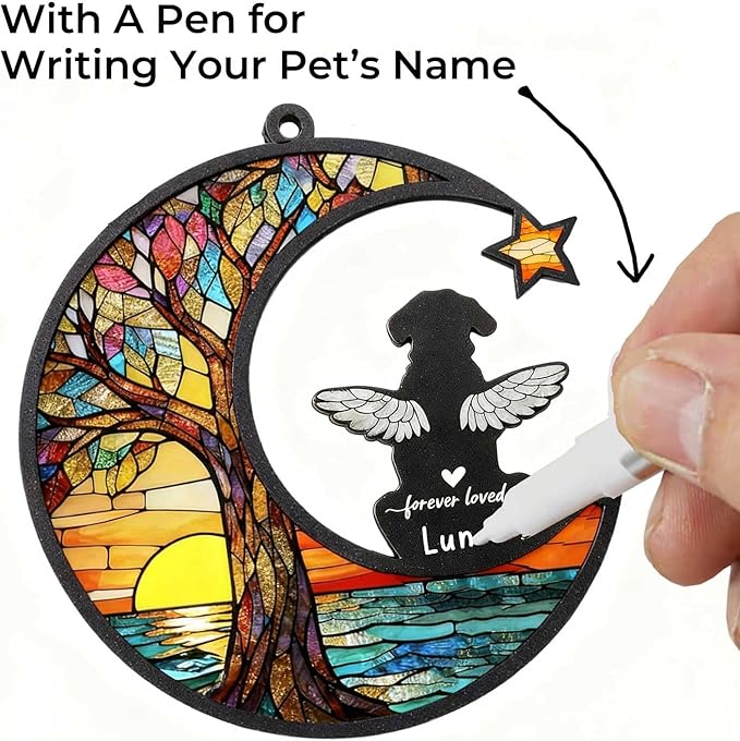 Personalized Loss of Dog Sympathy Gift, Custom Dog Memorial Suncatcher, Dog Memorial Gift, Loss of Dog Gift, Pet Remembrance Gift, 5.2" (Tree & Sea)