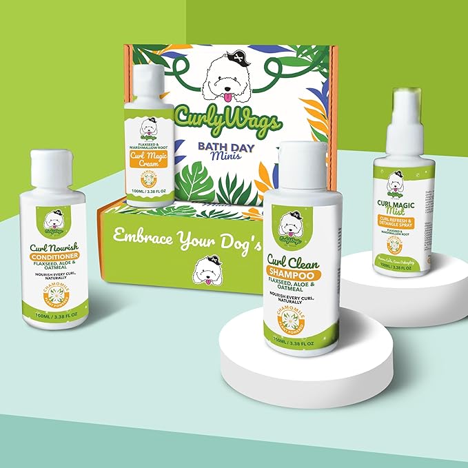 Curly Dog Grooming Kit – Travel-Size Shampoo, Conditioner, Curl Cream & Curl Refresh Detangler Spray, for Doodle, Poodle & Curly Coats, TSA-Friendly Gift Bundle (Chamomile)