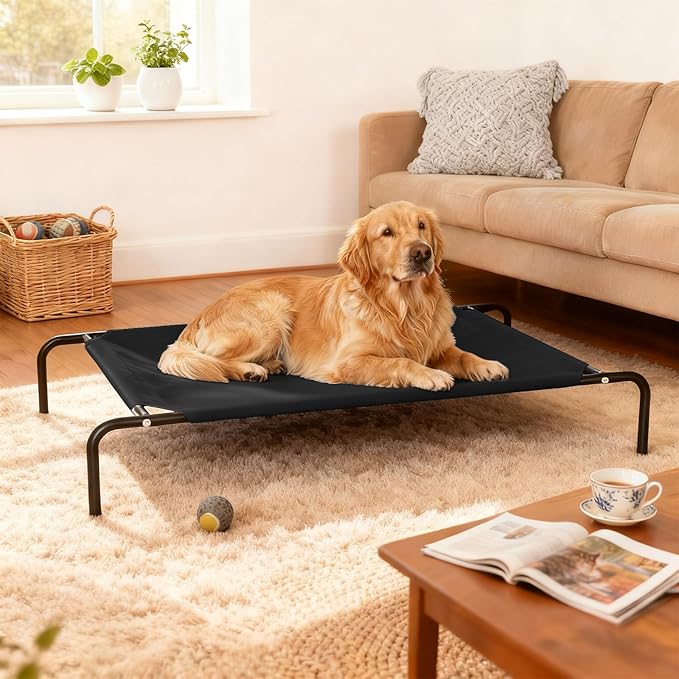 Elevated Dog Bed for Large Dogs, Washable Raised Cot with Skid-Resistant Feet, Waterproof Cooling Dog Beds with Oxford Cloth, Indoor/Outdoor Use, Black 50in