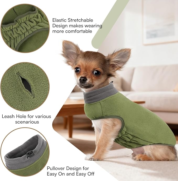 Queenmore Soft Fleece Dog Jacket, Warm Winter Coat with Elastic Stretchable, Dachshund Sweaters for Small Dogs Cats, Boy or Girl (Green, L)