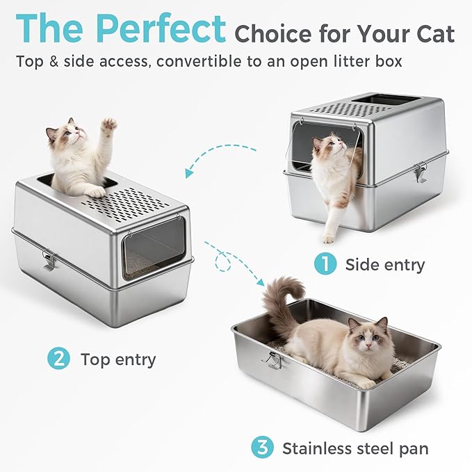 Petinstinct Large Enclosed Stainless Steel Litter Box with Lid, 19.7"x13.8"x13.8" High Sided Metal Cat Litter Box for Indoor Cats, Covered Dog Proof Kitty Litter Pan, Odor Free Tray, Non Sticky, L