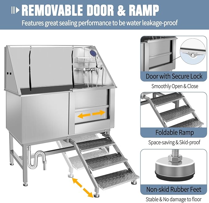 Stainless Steel Dog Washing Station For Large Dogs, Dog Grooming Tub For Home, Professional Dog Bathtub Bathing Station, Pet Wash Station, Dog Shower Tub With Stairs, Drain & Door