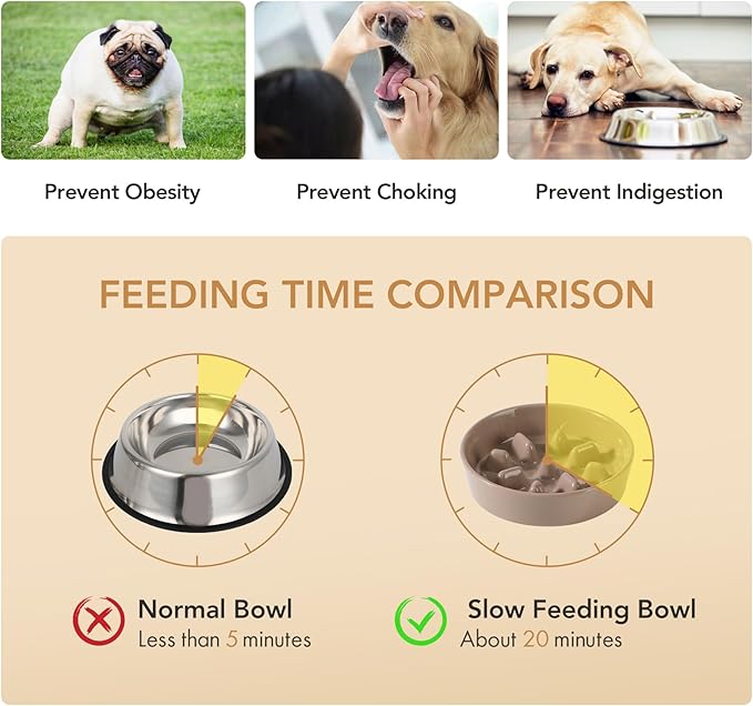 Ceramic 0.9 Cup Raised Slow Feeder Dog Bowl Set, Elevated 5.1inch Bowl and 6.1inch Slow Pet Food Dish with Wooden Stand for Small Dog and Cat(2 x Brown Coffee+ Stand)