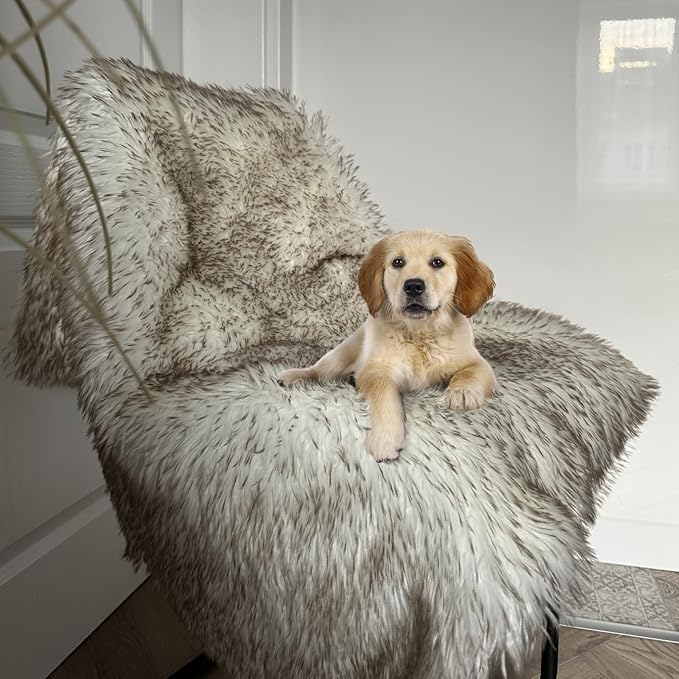 Waterproof Dog Blanket for Small, Medium & Large Dogs – Faux Fur Pet Throw for Couch, Sofa, Bed & Car – Soft, Washable, Stain-Resistant, Durable Cover – White w/Brown Tips – 60" x 50"