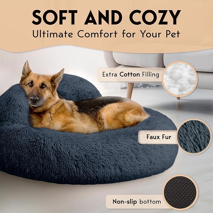 PetJett Calming Dog Beds Large Sized Dog - 36'' Round Bed, Anti-Slip & Washable Super Soft Donut Bed, Fluffy Faux Fur Anti-Anxiety Premium Comfort Pet Bed, Fits Dogs up to 100 lbs - Dark Grey