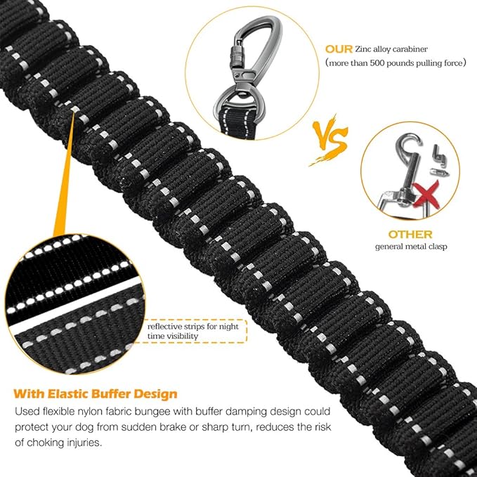 Fashion&cool Heavy Duty Dog Leash Especially Large Dogs Up to 150lbs, 4-6 Ft Reflective Dog Walking Training Shock Absorbing Bungee Leash Car Seat Belt Buckle, 2 Padded Traffic Handle Extra Control
