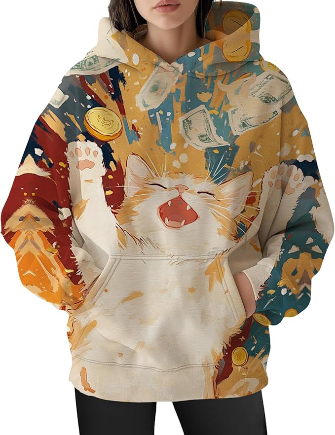 Womens Cat Print Hoodies Trendy Funny Cat Graphic Long Sleeve Sweatshirt Y2k Streetwear Hooded Pullover Tops