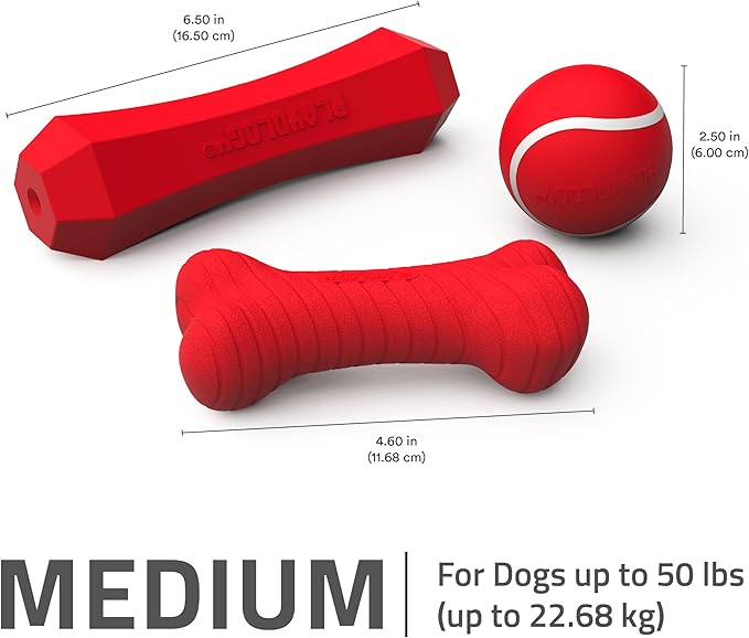Playology Dog Toys | Variety Gift Box Set of Toys for Medium Dogs | Medium Beef Scented Dual Layer Bone, Squeaky Chew Ball, and Chew Stick - Easy to Clean and Made from Non Toxic Material