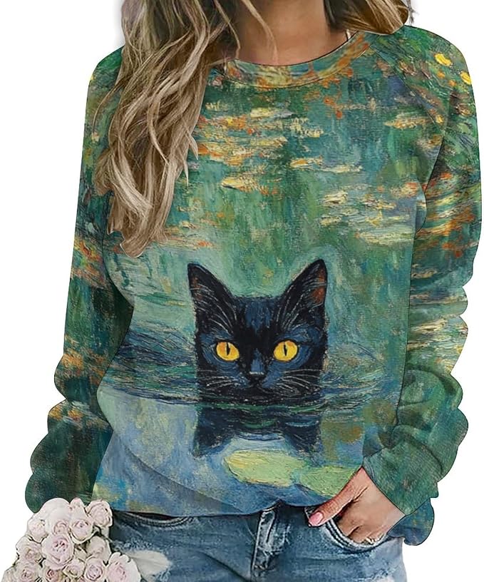 Womens novelty funny cat printed crewneck sweatshirt casual loose long sleeve graphic pullover sweatshirts tops
