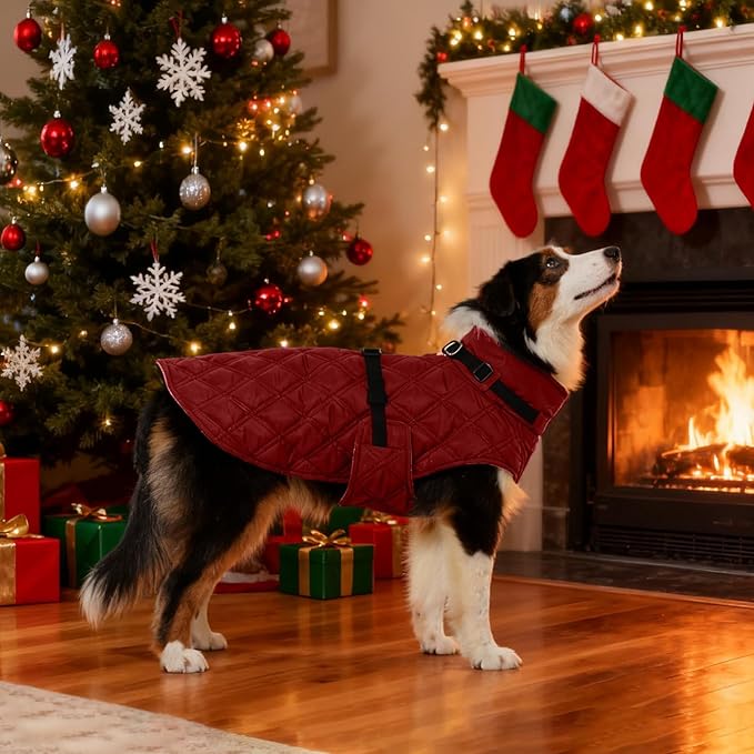 Kuoser Dog Coat Warm Fleece Lining Turtleneck Dog Jacket with Harness Built-in, Windproof Cold Weather Coats with Quick Release Buckle Pet Winter Snowsuit for Extra Large Dogs Great Dane, Red 3XL