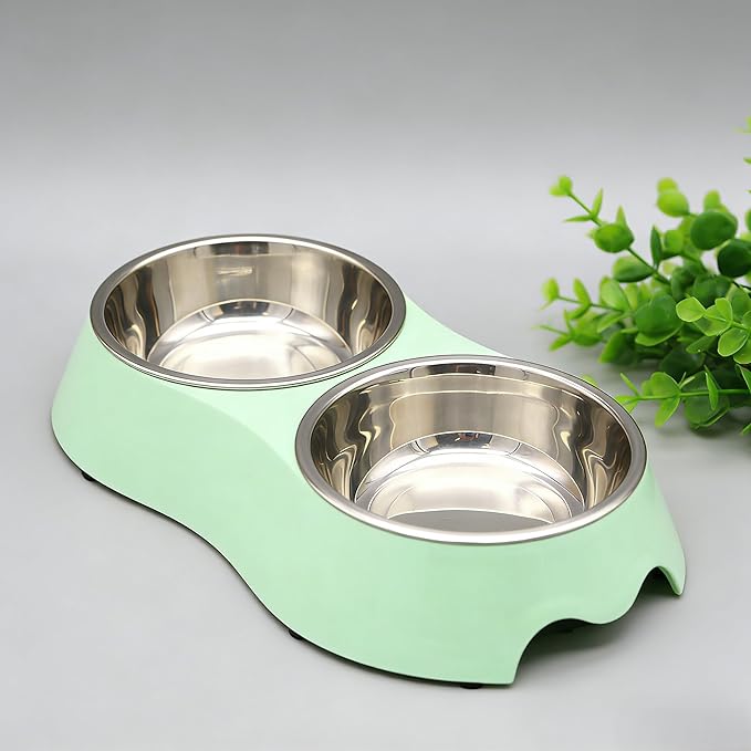 Small Green Double Pet Bowl – Non-Slip Stainless Steel Food & Water Set for Cats, Kittens & Small Dogs, BPA-Free Mess-Free Feeding Dishes