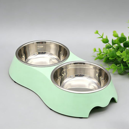 Large Green Double Pet Bowl – Non-Slip Stainless Steel Food & Water Set for Medium/Large Dogs & Multiple Cats, BPA-Free Mess-Free Feeding Dishes