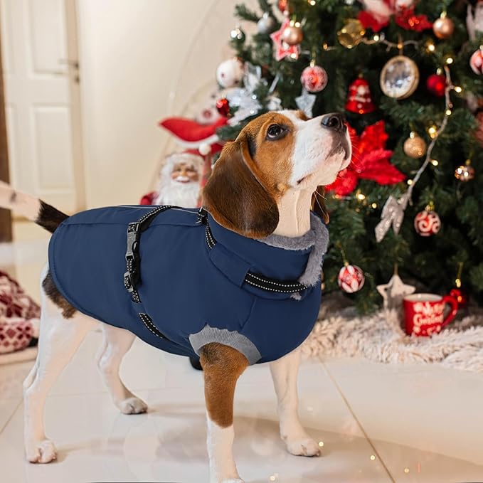 AOFITEE Dog Coat for Large Dogs, Warm XL Dog Jacket Winter, Pet Winter Coat with Harness Built in, Fleece Lined Pet Puffer Jacket Reflective Waterproof Snowsuit for Extra Large Dogs, Blue XL