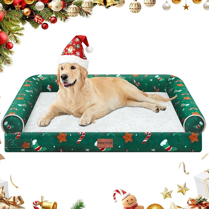 Large Dog Bed Orthopedic Washable: Christmas Pattern Big Dogs Beds with Bolster Puppy Sofa Couch Waterproof Removable Cover - Green