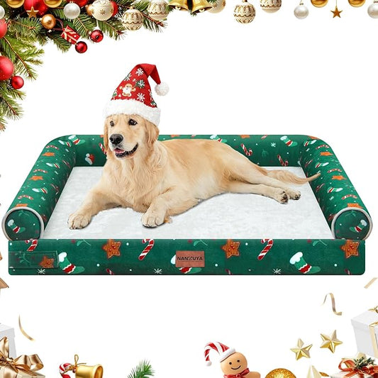 Large Dog Bed Orthopedic Washable: Christmas Pattern Big Dogs Beds with Bolster Puppy Sofa Couch Waterproof Removable Cover - Green