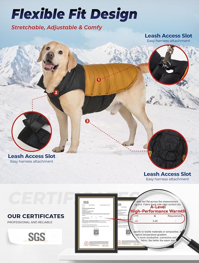 SPACE LION Dog Puffer Jacket, Down Winter Coat, Durable Outdoor Coat for Cold and Windy Conditions, Lightweight & Adjustable Fit Coats for Large Dogs,(BlackKhaki, Size26/3XL)