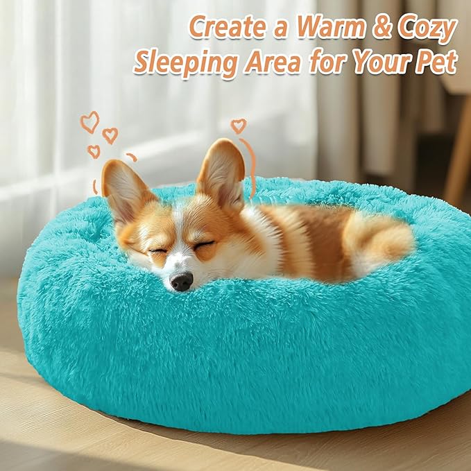 JOLLYVOGUE Small Dog & Cat Beds for Indoor Cats, Donut Cuddler Warming Soft Dog Beds with Anti-Slip Bottom, Round Calming Fluffy Plush Faux Fur Cushion Bed for Small Dogs (23", Aqua Blue)