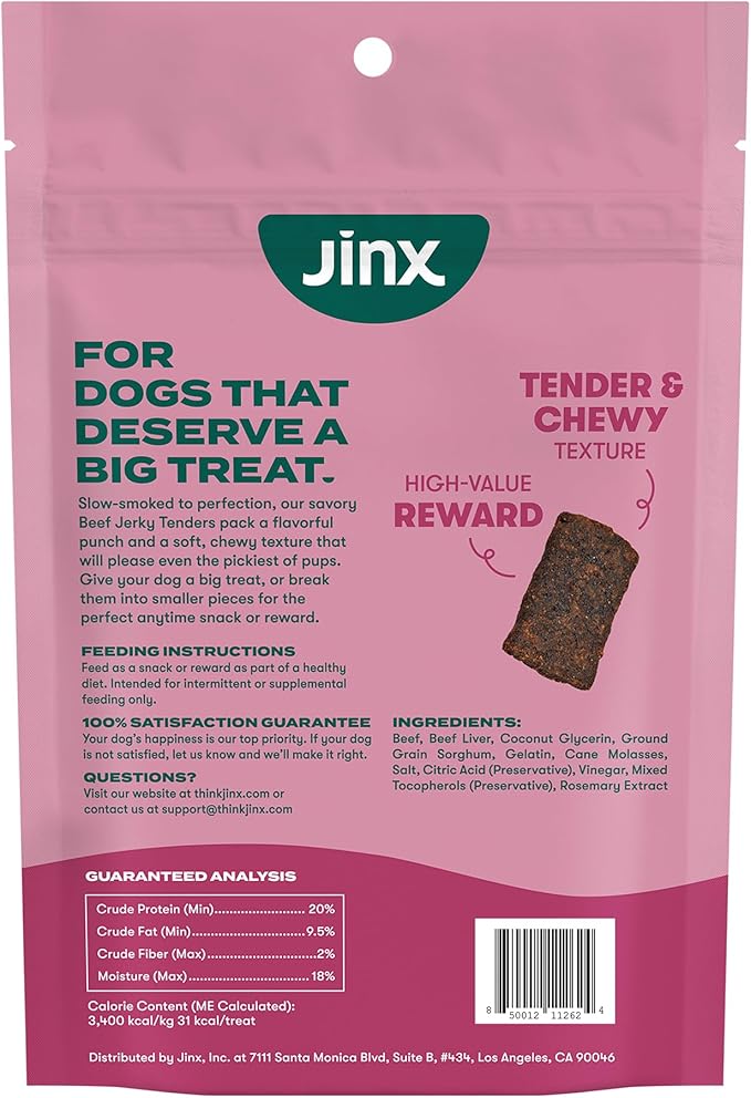 Jinx Beef Tenders Jerky Dog Treats – Soft & Chewy, All Natural Dog Jerky Treats with Grass-Fed Beef - Pet Products for All Dogs (Puppies, Adults & Seniors) - 5oz