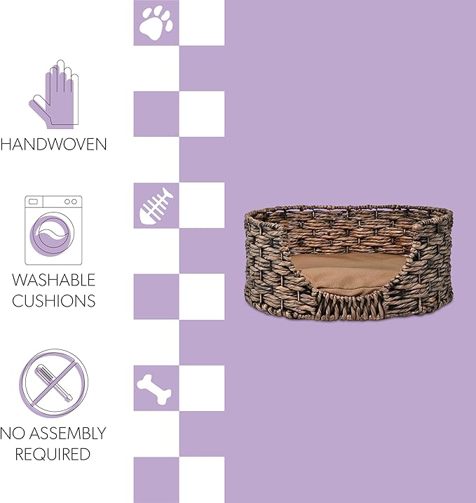 DBD4001B Perri 24" x 18" Classic Farmhouse Handwoven Hyacinth Oval Pet Bed with Machine-Washable Cushion, Brown