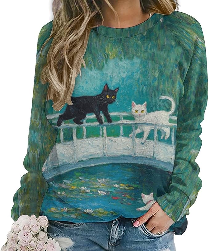 Womens novelty funny cat printed crewneck sweatshirt casual loose long sleeve graphic pullover sweatshirts tops