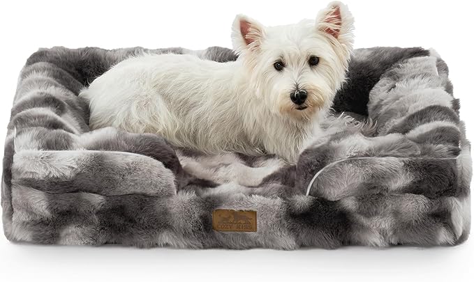 Orthopedic Dog Bed for Small Medium Size Dog, Faux Fur Pet Sofa, Foam Bolster Couch with Waterproof Lining Cover, Anti-Slip, Soft, Warm, Washable, C-Shaped, 30x20x6.5 inch, Tie-dye Grey