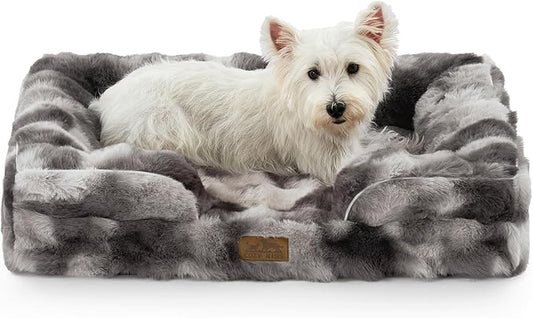 Orthopedic Dog Bed for Small Medium Size Dog, Faux Fur Pet Sofa, Foam Bolster Couch with Waterproof Lining Cover, Anti-Slip, Soft, Warm, Washable, C-Shaped, 30x20x6.5 inch, Tie-dye Grey